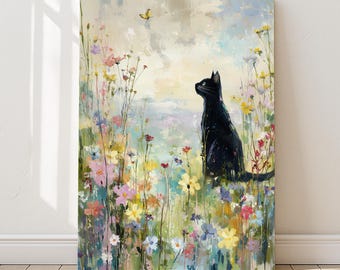 Black Cat Art Print, Sitting Among Wildflowers, Whimsical Floral Decor | Purrfect Prints