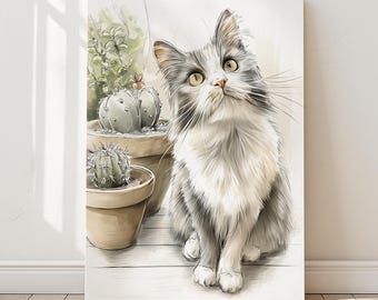 Grafika artystyczna z kotem w smokingu, siedzącym obok kaktusów, minimalistyczny wystrój | Purrfect Prints