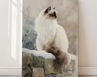 Seal Point Ragdoll Cat Art Print, Perched on Snowy Wall, Winter Decor | Purrfect Prints