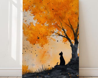 May include: Watercolor painting of a black cat silhouette sitting under a tree with orange and yellow leaves. The artwork has a dreamy, artistic style, with a gradient sky and a dark, textured foreground.