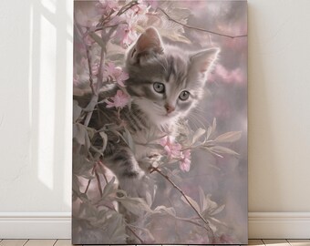 May include: A canvas print featuring a gray and white tabby kitten amidst pink flowering branches. The kitten has large, expressive eyes and is the focal point of the soft, pastel-colored artwork. The print is displayed against a white wall.