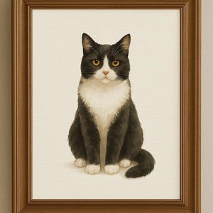 Tuxedo Cat Portrait Print: Watercolour-Style Cat Art