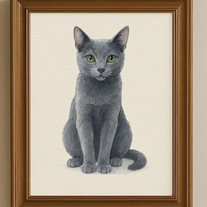 Russian Blue Cat Art Print – Elegant Grey Cat Wall Décor – Watercolour-Style Cat Portrait | Cute Cat Poster for Cat Lovers | Purrfect Prints