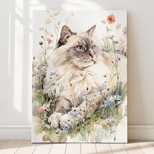 ラグドール猫のひまわり畑アートプリント – 気まぐれな植物イラスト風