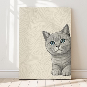 Britisch Kurzhaar Katze Kunstdruck – Blauäugige Katzenposter im Fine-Line-Peeking-Stil – Haustier-Denkmal oder Heimdeko | Purrfect Drucke