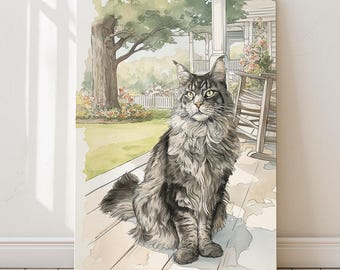 クリスマスのメインクーン猫の水彩画チュートリアルまたはプロジェクト