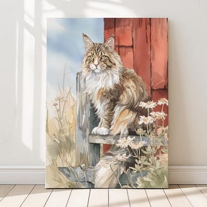 Stampa artistica con gatto Maine Coon marrone – Stampa ad acquerello con recinto rustico da fattoria – Poster con gatto a pelo lungo di campagna per Cottagecore Home / Stampe Purrfect