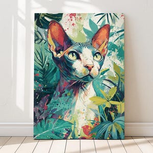 Sphynx Cat Wall Art – Bold Jungle Portrait in Vibrant Colour Pop Style| Exotic Hairless Cat Poster for Statement Interiors | Purrfect Prints