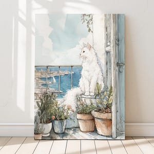 Elegante lámina artística de gato angora turco en un balcón mediterráneo: póster con boceto de acuarela junto al mar sereno / Purrfect Prints