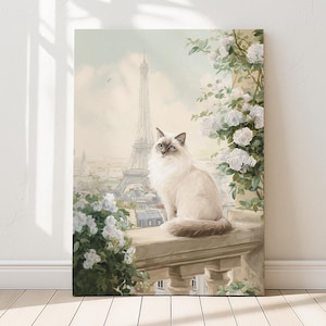 Stampa artistica di gatto Ragdoll Lilac Point - Elegante gatto sul balcone di Parigi con vista sulla Torre Eiffel / Stampe perfette
