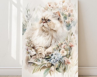Persian Cat Art Print, Resting Among Soft Florals, Botanical Decor | Purrfect Prints