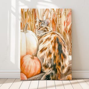 May include: A watercolor painting of a fluffy cat with orange and brown fur, sitting near pumpkins and wheat stalks. The cat is looking to the left. The pumpkins are white and orange. The background features wheat stalks.