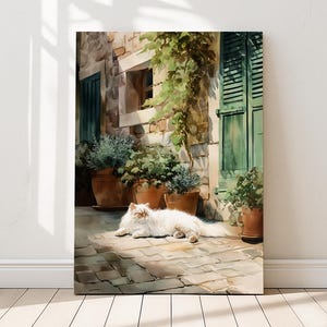 Persische Katze Wandbild - Gartenhof Poster im Aquarell Gouache Stil, ruhige weiße langhaar Katze | Purrfect Drucke