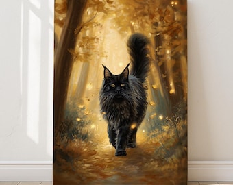 黄金の森の光の中を歩く黒いメインクーン猫のアートプリント、秋の装飾 | Purrfect Prints