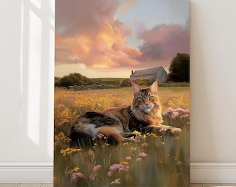 三毛メインクーン猫のアートプリント、野花の草原の風景、穏やかな室内装飾 | Purrfect Prints