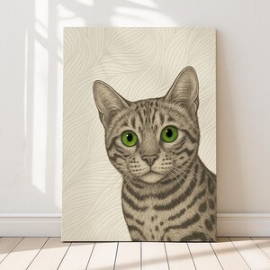 Grünäugige Bengal-Katze - Wandkunst - Handgemalter Druck - Fine Line Portrait mit hellen Augen & minimalistischem Bleistift-Stil | Purrfect Drucke