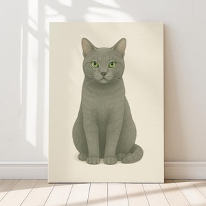 Gatto domestico a pelo corto grigio - Poster minimalista di un gatto meticcio con occhi color smeraldo / Stampe perfette