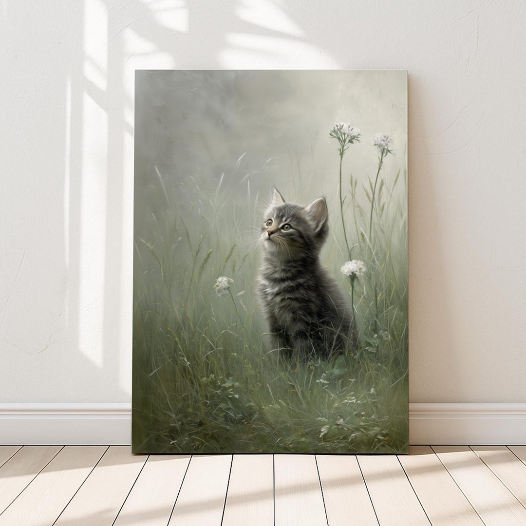 Kitten Art Print, Grey Tabby Kitten in Misty Meadow, Soft Spring Wall ...