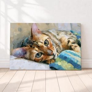 Bengal Cat Art Print, Lounging on Striped Blanket, Colourful Wall Decor | Purrfect Prints