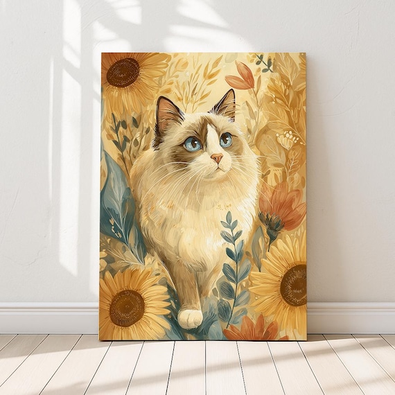ラグドール猫のひまわり畑アートプリント – 気まぐれな植物イラスト風