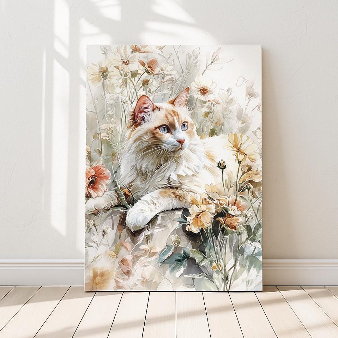 Orange & White Cat Art Print, Wildflower Scene, Floral Home Decor
