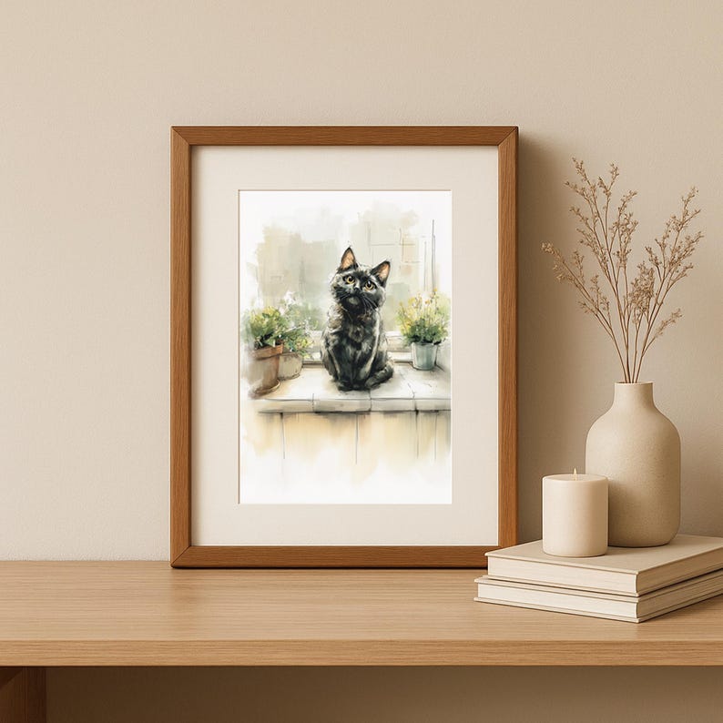 May include: Watercolor print of a black cat sitting on a windowsill, framed in a brown wooden frame. The cat has green eyes and is looking up. Small potted plants are on the windowsill. The background is a soft, blurred watercolor.