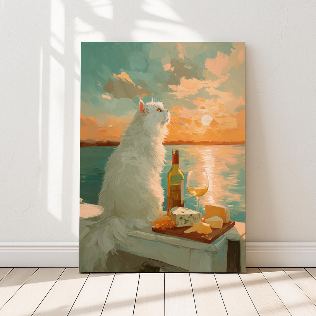 Persian Cat Art Print, Lakeside Sunset, Wine & Cheese | Purrfect Prints ...