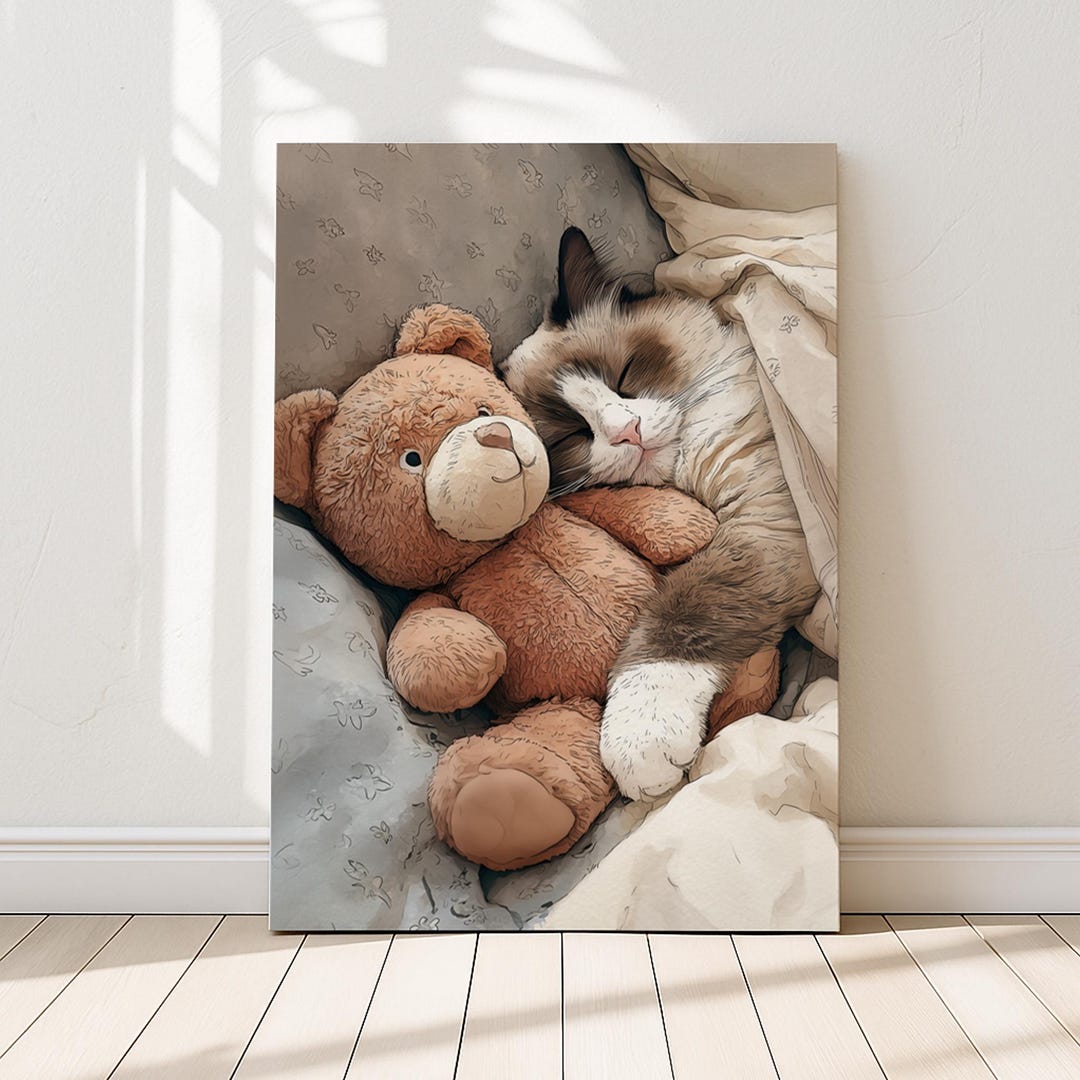 Bicolour Ragdoll Cat With Teddy Bear | Cozy Sleeping Cat Wall Art Print ...