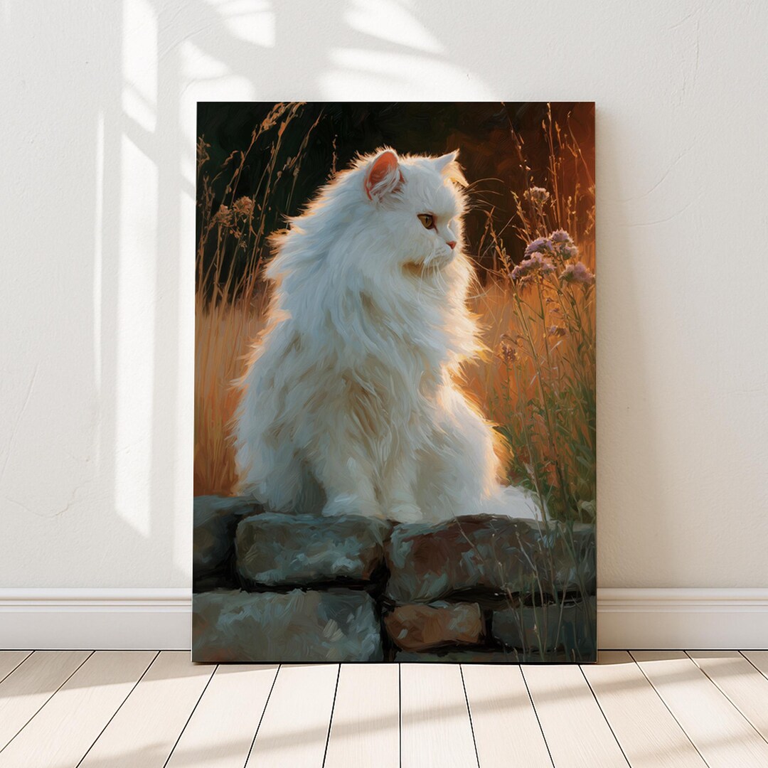 White Persian Cat Art Print, Sitting on Stone Wall, Sunset Decor ...