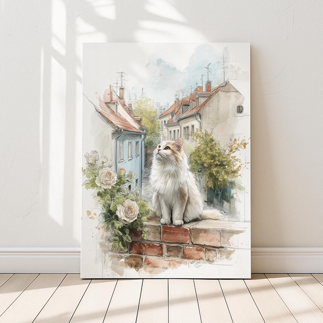 White and Ginger Cat Art Print, Sitting on a Stone Wall, Elegant Decor ...