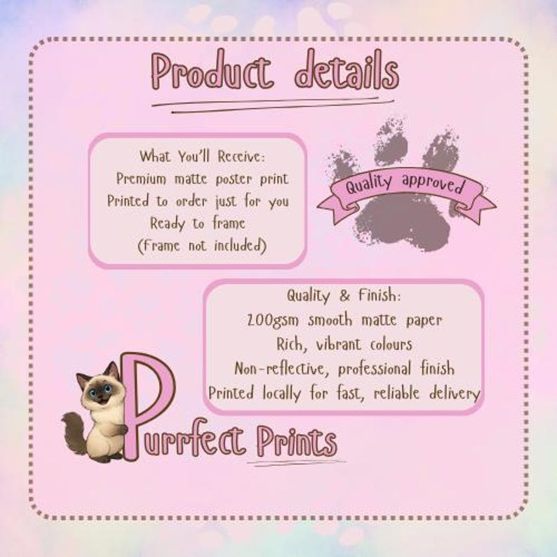 May include: A pink poster with the text "Product details" and "Purrfect Prints". The poster includes information about the print quality, such as 200gsm smooth matte paper and vibrant colors. A cartoon cat is also featured.