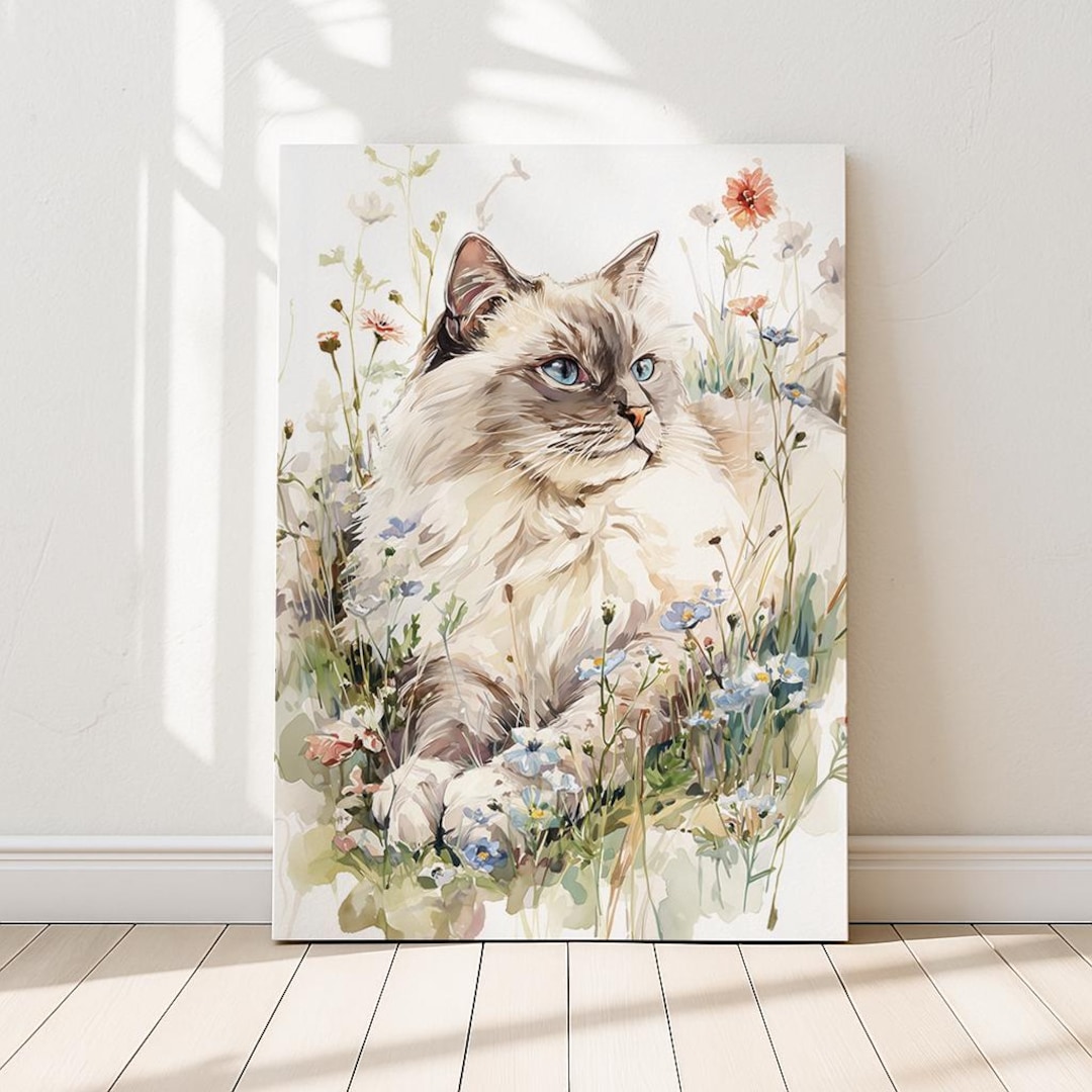 ラグドール猫の水彩画プリント：柔らかな野花の草原のポートレート