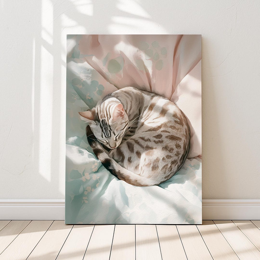 Silver Tabby Cat Art Print, Curled up on Soft Cushions, Cozy Decor ...