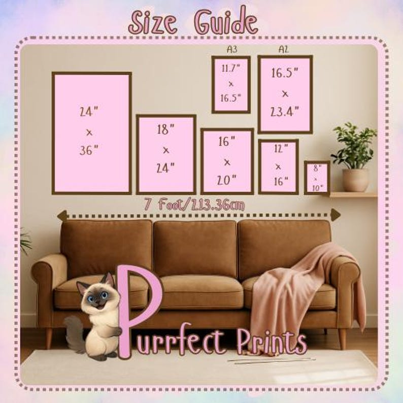 May include: A size guide for wall art prints, featuring framed examples in various dimensions, including 24" x 36", 18" x 24", and 16" x 20". The image includes the text "Size Guide" and "Purrfect Prints". A brown sofa and a cat illustration are also visible.