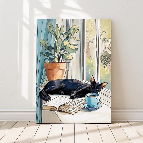 Oriental Shorthair Cat Art Print, Resting Beside Coffee & Book