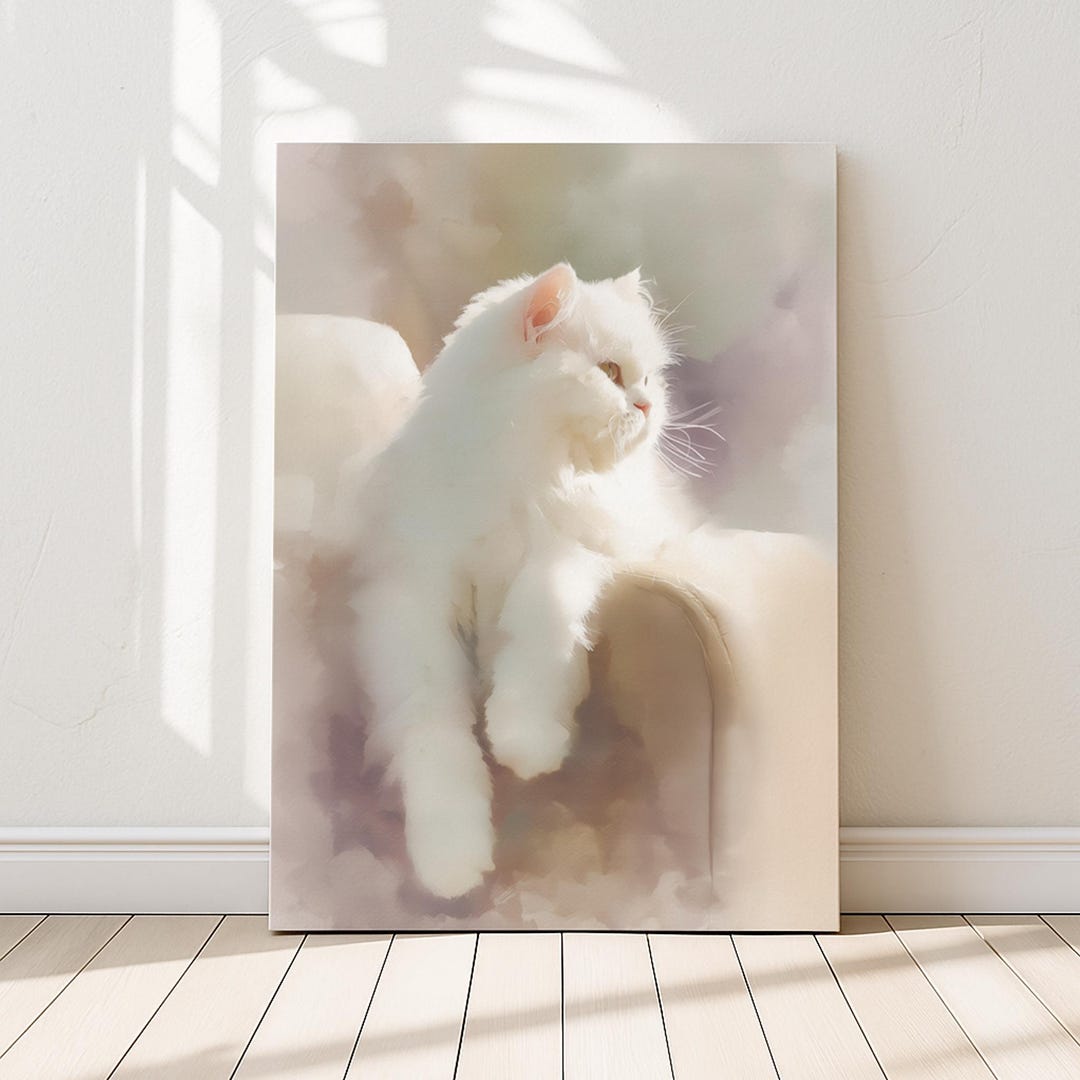 White Persian Cat Art Print, Resting on Soft Armchair, Neutral Decor ...