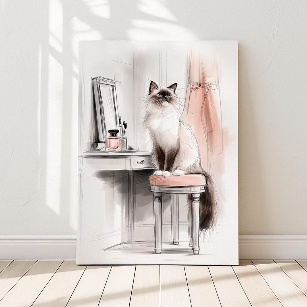 Seal Point Ragdoll Cat Art Print, Sitting at Vanity Table, Chic Decor ...