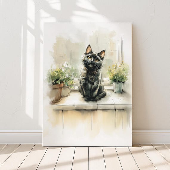 Black Cat Art Print, Sitting by a Window with Plants, Calm Home Decor | Purrfect Prints