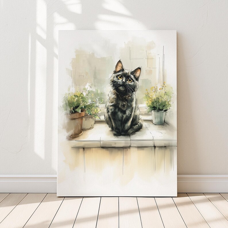 May include: A canvas print featuring a watercolor painting of a black cat with yellow eyes. The cat sits on a windowsill with potted plants. The artwork has a soft, painterly style with muted colors.