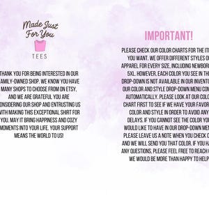 May include: A pink and purple graphic with text. The left side reads "Made Just For You TEES" and a thank you message. The right side says "IMPORTANT!" with instructions about color charts and apparel sizes, from newborn to 5XL.