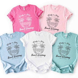 Personalized Beach Wedding Shirts: Tropical Palm Tree, Custom Bride & Groom