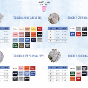 May include: Image of a product catalog for toddler tees and sweatshirts. The catalog includes size charts, color options, and product images. The text "Made Just For You" is visible at the top. The catalog includes short sleeve tees, crewneck sweatshirts, long sleeve jerseys, and hooded sweatshirts.