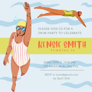 May include: Invitation to a swim party to celebrate Kensie Smith turning 12. The invitation features a cartoon illustration of a person swimming in a pool. The text on the invitation is in orange and yellow.