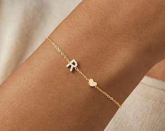Bracelet et collier avec initiales en zircon, plaqué or 18 carats, longueur réglable, bijoux minimalistes, cadeau de fête des mères, cadeau pour elle, cadeau pour maman