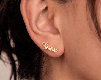 Custom Name Stud Earrings, Personalized Script Earrings, 18K Gold Plated or Silver, Pair of Name Earrings, Bridesmaid Gift, Birthday Jewelry