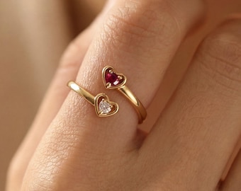 Bague coeur personnalisée deux pierres, anneau réglable en argent sterling, bague de naissance, cadeau fête des mères, cadeau d'anniversaire, cadeau pour elle