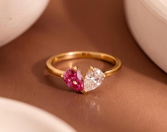 Bague Toi et Moi personnalisée, bague double pierre de naissance, bague délicate plaquée or 14 carats, bijou de couple sur mesure, cadeau d'anniversaire, cadeau pour elle