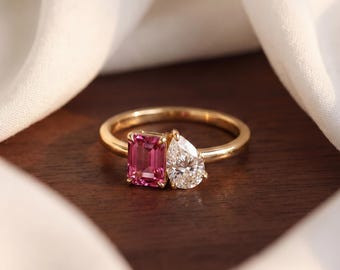Toi Et Moi Ring Personalized, Twin Birthstone Ring, Dainty 14K Gold Plated Ring, Custom Couple Jewelry, Anniversary Gift, Gift For Her