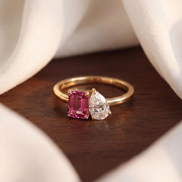Anillo Toi Et Moi personalizado, anillo con piedra natal para gemelos, delicado anillo chapado en oro de 14 quilates, joyería personalizada para parejas, regalo de aniversario, regalo para ella.