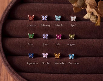 Boucles d'oreilles papillon avec pierre de naissance, boucles d'oreilles avec pierre de naissance 12 mois, boucles d'oreilles fines en or, bijoux personnalisés, cadeau d'anniversaire pour elle
